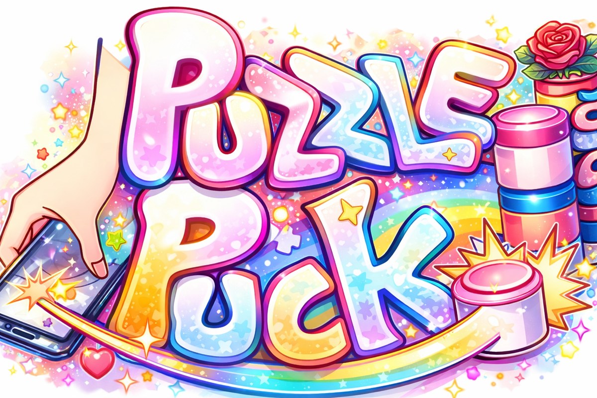 PuzzlePuck logo artwork: a colorful rainbow 'PUZZLE PUCK' title with a hand tapping a phone and shiny game pucks.